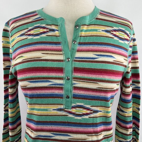 Ralph Lauren Chaps Sz M Aztec South Western Thermal Henley Top 100% Cotton Boho - Picture 2 of 9